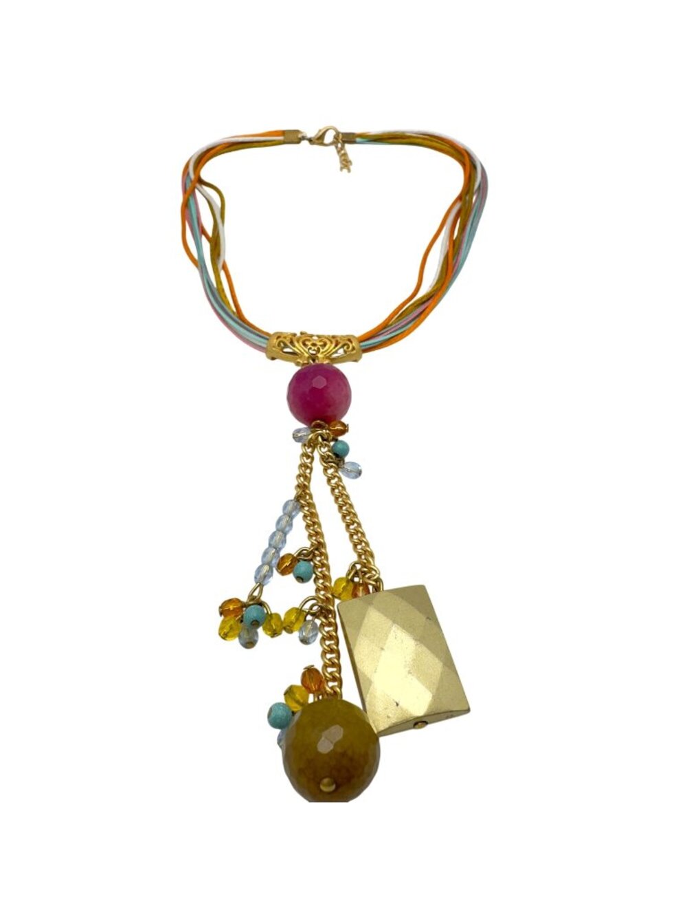 Handmade Artisan Multicolor Beaded Necklace Gold Accents Chain Tassel Turkey 16"